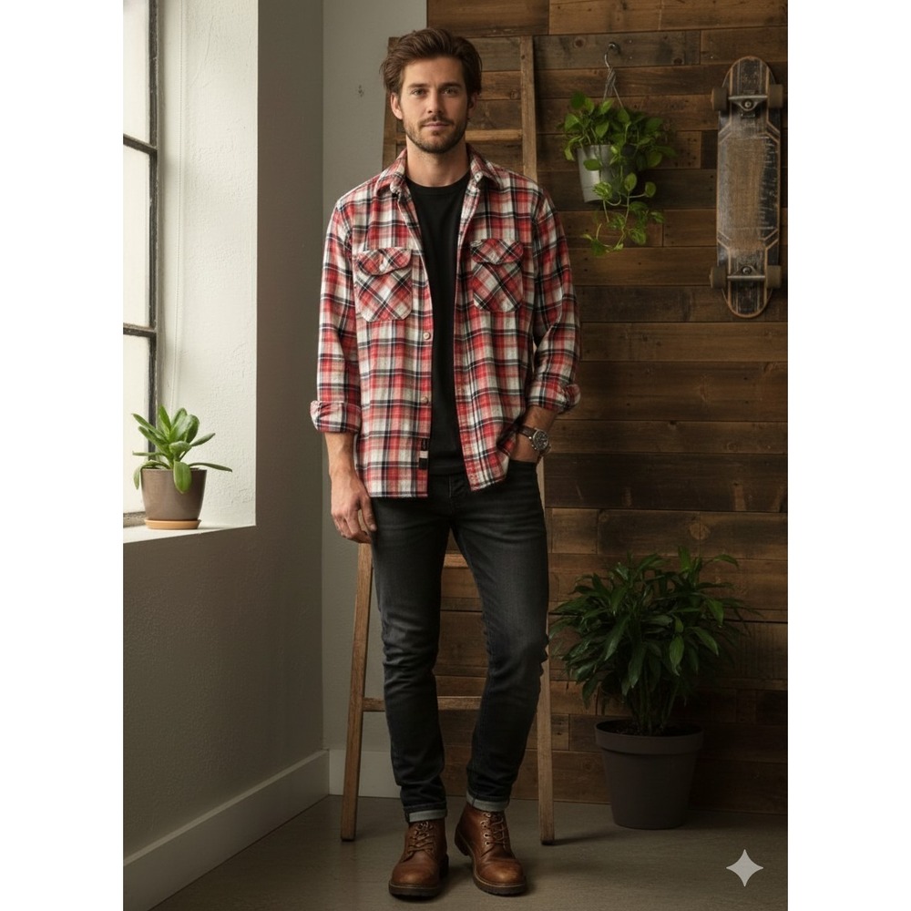 Matix Men's Medium Red Black White Plaid Flannel Shirt Slim Fit 100% Cotton Long